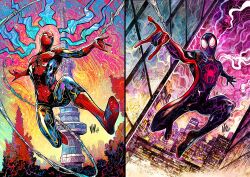  2boys abstract_background animal_print artist_name black_bodysuit black_mask bodysuit building city city_lights cityscape colorful_background dynamic_pose highres male_focus marvel mask mask_on_head miles_morales monument multiple_boys night night_sky outdoors plant print_bodysuit red_bodysuit red_mask reflection signature silk sky skyline skyscraper spider-man spider-man_(miles_morales) spider-man_(series) spider_print spider_web spider_web_print superhero_costume two-tone_bodysuit vinartwork white_eyes 