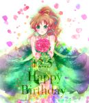  bishoujo_senshi_sailor_moon blush bouquet brown_hair dated dress flower green_dress green_eyes green_rose happy_birthday jupiter_symbol kino_makoto kneeling lipstick long_hair makeup payot petals ponytail princess princess_jupiter red_rose ribbon rose rose_petals smile torao_(torakmn) 