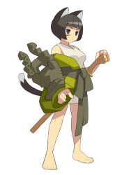  1girl animal_ears anime_coloring archived_source bare_legs bare_shoulders barefoot black_eyes black_fur black_tail blunt_bangs bob_cut breasts cat_ears cat_girl character_request closed_mouth clothes_down colored_inner_animal_ears copyright_request dot_nose dress full_body green_kimono green_sash green_sleeves itsumo_nokoru japanese_clothes kimono legs_apart medium_breasts sash scar scar_on_cheek scar_on_face sheath sheathed short_dress short_eyebrows short_hair simple_background single_bare_arm single_sleeve single_sleeve_past_wrist small_pupils solo sword toenails toes v-neck weapon white_background white_dress white_fur white_tail 
