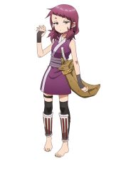  1girl anime_coloring black_gloves black_thighhighs blush bokken breasts closed_mouth fingerless_gloves full_body gloves grey_eyes hand_up holding holding_weapon japanese_clothes jitome kimono kunoichi_tsubaki_no_mune_no_uchi looking_at_viewer low_twintails medium_breasts medium_hair ninja obi official_art okuda_yousuke open_hand purple_kimono sash shakuyaku_(kunoichi_tsubaki_no_mune_no_uchi) shin_guards short_eyebrows short_kimono sidelocks simple_background sleeveless sleeveless_kimono solo standing sword tachi-e thigh-highs thigh_strap transparent_background twintails violet_eyes weapon wooden_sword 