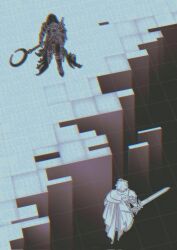  2others binary black_cloak boots character_request chromatic_aberration cliff cloak faceless floating from_above full_body glitch grid highres holding holding_sword holding_weapon honkai:_star_rail honkai_(series) hood hood_up idutudu multiple_others phainon_(honkai:_star_rail) standing sword weapon white_cloak 