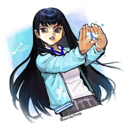  1girl artist_name blue_border blue_eyes blue_hair blue_jacket border character_name isonokami_tao jacket long_hair outstretched_arms own_hands_together school_uniform shin_megami_tensei shin_megami_tensei_v shirt signature solo upper_body white_background white_shirt yumiglymmtd 