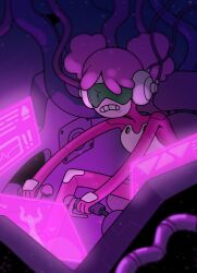  1girl adventure_time bodysuit colored_skin discount-supervillain highres mecha_pilot_suit pink_bodysuit pink_hair pink_skin princess_bonnibel_bubblegum science_fiction solo toon_(style) 