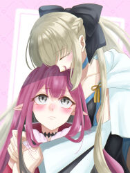  2girls baobhan_sith_(fate) baobhan_sith_(first_ascension)_(fate) black_bow blue_choker blush bow braid choker closed_eyes fate/grand_order fate_(series) grey_eyes grey_hair hair_between_eyes hair_bow half_up_braid highres long_hair morgan_le_fay_(fate) morgan_le_fay_(second_ascension)_(fate) mother_and_daughter multiple_girls pink_hair pointy_ears ponytail tairatake 
