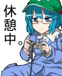  absurdres bad_id bespectacled blue_eyes blue_hair controller game_controller gamepad glasses hair_bobbles hair_ornament hat highres kawashiro_nitori key nicu_(nicutoka) playing_games short_hair simple_background solo touhou twintails 