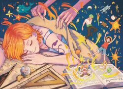  1girl 3boys arms_up bare_shoulders black_hair black_pants blue_shorts boned_meat book bottle buggy_the_clown closed_mouth compass covering_with_blanket dreaming english_commentary food going_merry green_hair haramaki hat highres imagining jolly_roger laboon log_pose madishon map meat monkey_d._luffy multiple_boys nami_(one_piece) one_piece onigiri open_book orange_hair pants pinwheel pirate_hat quill red_vest roronoa_zoro ruler sand shirt short_hair shorts shoulder_tattoo sleeping sleeping_on_desk smile sparkle straw_hat straw_hat_pirates straw_hats_jolly_roger tattoo upper_body vest whale white_shirt 