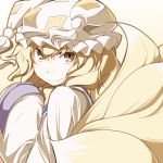  bad_id blonde_hair bust fox_tail hands_in_sleeves hat multiple_tails smile solo tail tassel touhou yakumo_ran yellow_eyes yudofu 