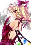  alternate_costume back bare_back bare_shoulders blonde_hair blood bust choker dress elbow_gloves fang fangs flandre_scarlet gloves glycyrrhizae hat licking red_eyes short_hair side_ponytail solo the_embodiment_of_scarlet_devil touhou vampire wings 