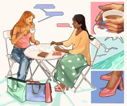  2girls alternate_costume animal_print arm_tattoo armlet bag bird book border bracelet camisole cardigan chair collage collage_background colored_shadow crossed_legs cup denim fashion green_skirt hand_on_table high_heels highleg highleg_panties highres holding holding_cup jeans jewelry leopard_print long_hair long_skirt looking_at_another lowleg lowleg_pants multiple_girls nami_(one_piece) nico_robin ocean on_chair one_piece outside_border panties pants pink_camisole pink_shoes polka_dot rabu99 seagull shadow shoes shopping_bag sitting skirt spaghetti_strap speech_bubble spiked_armlet strap_slip table tan tattoo tea teacup thong underwear white_border y2k_fashion yellow_cardigan 