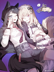 2girls absurdres animal_ears apron arknights bang_dream! bang_dream!_it&#039;s_mygo!!!!! black_dress black_hair black_jacket black_shorts blonde_hair blue_eyes commentary dog_ears dog_girl dog_tail dress fang haobuguniao highres jacket jacket_on_shoulders maid maid_apron medium_hair misumi_uika misumi_uika_(caged_singer) multiple_girls necktie open_mouth red_necktie shorts symbol-only_commentary tail violet_eyes white_apron wolf_ears wolf_girl wolf_tail yahata_umiri yahata_umiri_(moonlight_executioner) 