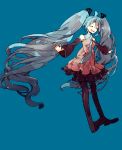  1girl aqua_hair closed_eyes detached_sleeves dress hatsune_miku long_hair necktie outstretched_arms pantyhose reichi_(picorere) solo spread_arms twintails very_long_hair vocaloid 