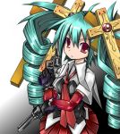  aqua_hair cross drill_hair dual_wielding earrings elbow_gloves gloves gun hair_ornament handgun hatsune_miku jewelry konomi_uo necktie red_eyes revolver skirt solo twin_drills twintails vocaloid weapon 