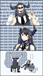 1boy 1girl ? beard black_eyes black_hair black_skirt black_thighhighs blue_hair broken_horn collared_shirt commentary demon_horns english_commentary eyeshadow facial_hair father_and_daughter highres hololive hololive_english horns jailbird_(nerissa_ravencroft) joeboto long_hair looking_at_viewer makeup malphis_ravencroft nerissa_ravencroft nerissa_ravencroft_(casual) paparissa shirt short_hair skirt thigh-highs very_long_hair virtual_youtuber wall_of_text white_shirt