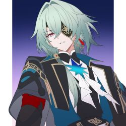 1boy anaxa_(honkai:_star_rail) ascot black_capelet blue_eyes capelet commentary_request crystal_earrings earrings eyepatch eyewear_strap flat_color gradient_background green_eyes green_hair hair_between_eyes hair_intakes highres hole_in_chest hole_on_body honkai:_star_rail honkai_(series) jewelry korean_commentary ll_0109 long_hair looking_at_viewer low_side_ponytail male_focus one_eye_covered parted_lips print_eyepatch purple_background red_pupils ring_hair_ornament simple_background single_earring solo upper_body white_ascot 