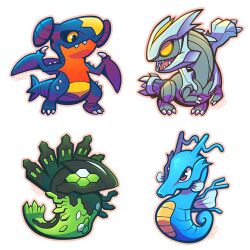  claws commentary_request full_body garchomp kingdra kyurem malky_(malkshake) no_humans pokemon pokemon_(creature) red_eyes signature simple_background white_background yellow_eyes zygarde 