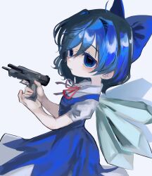  1girl blue_bow blue_dress blue_eyes blue_hair blue_skirt bow cirno closed_mouth collared_dress dress gun haniwa_kue highres holding holding_gun holding_weapon ice reloading simple_background skirt solo touhou weapon white_background wings 