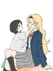  aged_down aged_up black_hair black_hairband black_shirt blazer blonde_hair blue_jacket blue_shorts blush bow crossed_legs full-face_blush hairband hand_on_another's_cheek hand_on_another's_face hands_on_floor jacket kirarazaka_marina kuze_shizuka light_blush long_hair looking_at_another multiple_girls pleated_skirt pottode shirt shorts skirt takopii_no_genzai white_shirt wooden_floor 