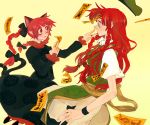  animal_ears bags_under_eyes braid cat_ears cat_tail hachimillion hong_meiling kaenbyou_rin long_hair multiple_girls multiple_tails ofuda red_eyes red_hair redhead short_hair tail touhou twin_braids twintails 