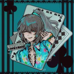  1boy aqua_background black_eyes black_hair blue_eyes blue_shirt bracelet card collared_shirt ehooooooost hawaiian_shirt heterochromia high_ponytail highres hong_lu_(project_moon) jewelry limbus_company long_hair looking_at_viewer male_focus neck_tattoo open_mouth playing_card ponytail project_moon sample_watermark shirt simple_background solo tattoo tingtang_gang_(identity)_(project_moon) upper_body watermark 