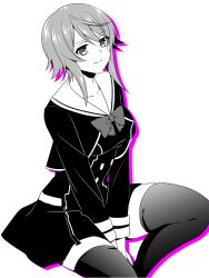  1girl between_legs black_thighhighs blush chaos;child dress dress_vest hair_between_eyes hand_between_legs hekiho_academy_school_uniform ikuhashi_muiko long_sleeves looking_at_viewer miniskirt monochrome onoe_serika sailor_collar school_uniform science_adventure short_hair simple_background sitting skirt smile solo thick_thighs thigh-highs thighs v_arms wariza white_background zettai_ryouiki 