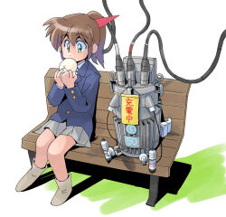  1girl bench blazer blue_jacket boots bow brown_hair buttons cable charging_device collared_shirt eating food food_wrapper green_eyes grey_boots grey_skirt hair_bow hands_up highres holding holding_food jacket lapels masuki medium_hair on_bench original pleated_skirt pokka_kanko ponytail red_bow school_uniform shirt sitting skirt solo steamed_bun transformer translated white_shirt 