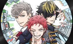  3boys adjusting_clothes adjusting_necktie aimono_jyushi amaguni_hitoya architecture bad_ass_temple beard_stubble ben-day_dots black_hair black_jacket black_nails blonde_hair blue_eyes building cheekbones close-up collared_shirt drop_shadow ear_piercing east_asian_architecture eyeshadow facial_hair fangs fingernails from_side funkysounds furrowed_brow gold_trim green_eyes grey_hair grey_jacket grin hair_over_one_eye hand_up harai_kuko highres hypnosis_mic hypnosis_mic:_rhyme_anima jacket lapels leather leather_jacket long_hair looking_at_viewer makeup male_focus mature_eyes mature_male mole mole_under_eye multicolored_hair multiple_boys multiple_piercings necktie one_eye_closed piercing plug_(piercing) pompadour portrait red_eyeshadow red_hair red_necktie round_image screentones shirt short_hair sideburns silver_ring skyline smile straight-on streaked_hair stubble thumb_ring two-sided_fabric v-shaped_eyebrows very_short_hair white_background white_shirt yellow_eyes 