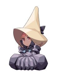  1girl anime_coloring archived_source black_bow black_coat black_mage_(final_fantasy) black_sleeve_cuffs black_sleeves blue_ribbon bow buttons closed_mouth coat coat_ribbon collared_coat deformed expressionless final_fantasy final_fantasy_iii full_body grey_skirt hat hat_bow hat_grab high_collar itsumo_nokoru looking_at_viewer no_nose orange_eyes orange_hair popped_collar refia ribbon simple_background sitting skirt sleeves_past_wrists solo square_enix tall_hat white_background yellow_eyes 