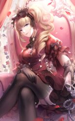  1girl artist_request ascot black_ascot black_bow black_bowtie black_gloves black_hairband black_thighhighs blonde_hair blue_eyes blunt_bangs bow bowtie bracelet breasts brooch cane chair closed_mouth corset cowboy_shot cross cross-laced_clothes cross-laced_corset cross_earrings cross_print crossed_legs curtains dress drill_hair earrings eyelashes falling_petals fishnet_gloves fishnets flower frilled_dress frilled_gloves frilled_hairband frilled_sleeves frills game_cg glint gloves gothic_lolita hair_bow hair_over_shoulder hairband hand_on_own_knee highres holding holding_cane indoors jewelry light_particles lipstick lolita_fashion long_hair makeup medium_breasts midnight_elegance_(shining_nikki) nikki_(series) official_alternate_color official_art on_chair petals petticoat pink_lips puffy_short_sleeves puffy_sleeves red_brooch red_corset red_dress red_flower red_rose ribbed_thighhighs ribbon rose rose_petals shining_nikki short_dress short_sleeves side_ponytail sitting skull sleeve_bow smile solo thigh-highs waist_ribbon white_ribbon 