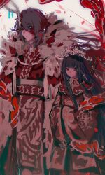  1boy 1girl alternate_costume antler_ring antlers black_eyes black_hair blue_eyes burn_scar chinese_clothes earrings eastern_dragon_horns ehooooooost falling_petals hanfu heterochromia highres hong_lu_(project_moon) horn_ornament horn_ring horns japanese_clothes jewelry kimono limbus_company long_hair long_sleeves looking_at_viewer petals project_moon red_eyes red_hanfu red_kimono red_petals ryoshu_(project_moon) scar simple_background single_antler single_earring standing tears_of_the_tarnished_blood_(e.g.o) upper_body white_background 