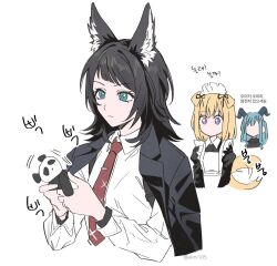  3girls akni animal_ears apron arknights bang_dream! bang_dream!_it's_mygo!!!!! black_dress black_hair black_jacket blonde_hair blue_eyes blue_hair closed_mouth commentary_request dog_ears dog_girl dog_tail dress horns jacket jacket_on_shoulders korean_commentary korean_text long_hair long_sleeves maid_apron maid_headdress medium_hair misumi_uika misumi_uika_(caged_singer) multiple_girls necktie red_necktie shirt sidelocks stuffed_animal stuffed_panda stuffed_toy tail tail_wagging togawa_sakiko togawa_sakiko_(master_of_melodia) translation_request violet_eyes white_apron white_shirt wolf_ears wolf_girl yahata_umiri yahata_umiri_(moonlight_executioner) 