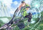  blonde_hair blue_eyes capelet fantasy flying gloves hat highres moon original pantyhose pointy_ears shingo_(picturepuzzle) shingo_(pixiv) sitting solo staff wink 