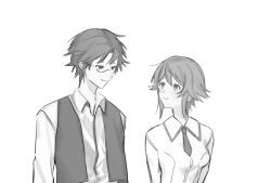 1boy 1girl azukiiipaste chaos;child glasses greyscale jacket looking_at_another miyashiro_takuru monochrome necktie non-web_source onoe_serika open_clothes open_jacket science_adventure simple_background smile white_background 