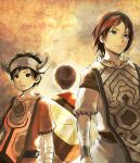  black_eyes black_hair blue_eyes brown_hair character_name crossover engrish from_behind hairband horns ico ico_(character) ico_(game) morisuke multiple_boys ranguage red_hair redhead shadow_of_the_colossus surcoat tabard the_last_guardian trico wander 