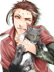  91 big_al brown_hair cat engloid male scar simple_background smile solo stitches vocaloid yellow_eyes 