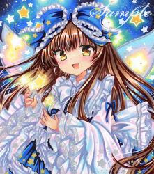  1girl blue_bow bow brown_eyes brown_hair dress frilled_bow frilled_dress frills hair_bow long_hair long_sleeves looking_at_viewer marker_(medium) open_mouth rui_(sugar3) sample_watermark smile solo star_(symbol) star_sapphire touhou traditional_media upper_body watermark wide_sleeves 