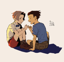  2boys ace_attorney aged_down black_hair blue_bow blue_bowtie blue_shirt bow bowtie brown_hair brown_shoes brown_shorts brown_socks collared_shirt commentary_request erm_nkcn highres male_focus miles_edgeworth multiple_boys phoenix_wright pinky_swear red_shorts shirt shoes short_hair short_sleeves shorts signature simple_background sitting socks 