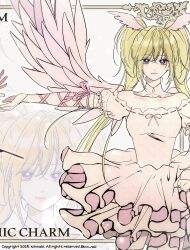  1girl absurdres blonde_hair commentary_request cowboy_shot detached_collar dress frilled_dress frills highres hoshina_utau knn_nabi korean_commentary light_smile looking_at_viewer magical_girl multiple_views outstretched_arm pink_dress seraphic_charm shugo_chara! sidelocks twintails twitter_username violet_eyes wings 