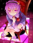  ayagi_daifuku chair eyeball from_above hairband heart komeiji_satori light_smile looking_at_viewer pink_eyes pink_hair purple_eyes purple_hair short_hair sitting slippers smile solo stare third_eye touhou 