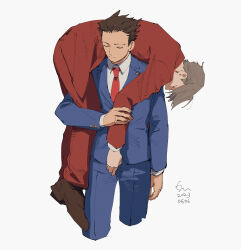  2boys ace_attorney blue_jacket blue_pants carrying_over_shoulder closed_mouth collared_shirt commentary_request cropped_torso erm_nkcn grey_hair highres jacket male_focus miles_edgeworth multiple_boys necktie pants phoenix_wright red_jacket red_necktie red_pants shirt short_hair simple_background white_shirt 