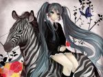  animal blue_eyes blue_hair butterfly flower hatsune_miku lace necktie pisuke saihate_(vocaloid) school_uniform sitting socks twintails very_long_hair vocaloid zebra 