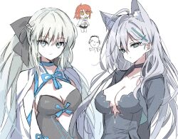 1boy 3girls ahoge black_bow blue_archive blue_choker blue_eyes bow braid choker crossover doodle_sensei_(blue_archive) fate/grand_order fate_(series) fujimaru_ritsuka_(female) grey_hair hair_between_eyes hair_bow half_up_braid long_hair looking_at_viewer morgan_le_fay_(fate) morgan_le_fay_(first_ascension)_(fate) multiple_girls open_mouth orange_eyes orange_hair ponytail sensei_(blue_archive) shiroko_terror_(blue_archive) short_hair simple_background smile syst098 white_background white_hair 