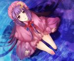  absurdres bare_legs crescent from_above hat highres long_hair looking_up mebo patchouli_knowledge purple_eyes purple_hair sitting solo touhou violet_eyes water 