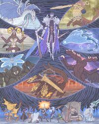  3girls 6+boys absurdres adel_(elden_ring) animal_head arm_mounted_weapon armor arms_up axe beard bibuo bird_boy black_boots black_capelet black_dress black_hat black_skin blonde_hair blue_jacket blue_surcoat boots bow_(weapon) breastplate bug caligo_miasma_of_night cape capelet centaur cerberus colored_skin covered_eyes covered_face dark-skinned_female dark_skin dog dragon dress dual_wielding duchess_(elden_ring) elden_ring elden_ring_nightreign everyone executor_(elden_ring) extra_arms extra_eyes extra_tails eye_mask facial_hair faurtis_(elden_ring) feathered_wings fulghor_(elden_ring) full_armor full_body gauntlets gladius_(elden_ring) gnoster_(elden_ring) goat_horns goat_legs gold_armor greatsword greaves guardian_(elden_ring) hands_up hat helmet heolstor_the_nightlord highres holding holding_axe holding_bow_(weapon) holding_polearm holding_shield holding_sword holding_weapon hooves horizontal_pupils horns huge_weapon ironeye_(elden_ring) jacket jellyfish katana libra_(elden_ring) maris_(elden_ring) meditation monster moth mouth_hold multiple_boys multiple_girls pants pauldrons plume polearm purple_cape raider_(elden_ring) recluse_(elden_ring) revenant_(elden_ring) robe scabbard scale_armor sheath sheathed shield shoulder_armor skeleton spear spiked_helmet staff standing sword talons taur tentacles translucent triple_wielding very_big_eyes weapon western_dragon white_dragon white_pants white_robe wide_sleeves winged_helmet wings witch witch_hat wylder_(elden_ring) 