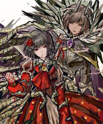  2girls ascot black_hair black_jacket bob_cut brown_eyes brown_hair cape cigarette collared_shirt dark-skinned_female dark_skin dress e.g.o_(project_moon) ebony_stem_(e.g.o) ehooooooost flower gem green_stem_(e.g.o) hair_flower hair_ornament jacket library_of_ruina limbus_company long_sleeves looking_at_another multiple_girls outis_(project_moon) plant plant_roots project_moon purple_cape purple_gemstone red_ascot red_dress red_eyes red_flower red_rose rose ryoshu_(project_moon) shirt short_hair simple_background smoking standing upper_body vines white_background yellow_brooch 