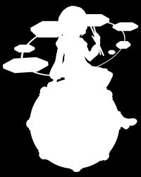  1girl alphes_(style) bad_apple!! boots crossed_legs dairi drumsticks full_body greyscale highres holding holding_drumsticks horikawa_raiko long_sleeves medium_hair monochrome parody simple_background sitting sitting_on_drum solo style_parody tachi-e touhou 