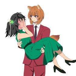  1boy 1girl alternate_costume alternate_hair_color animal_ear_fluff animal_ears baked_apple9981 bare_shoulders black_boots black_hair blunt_bangs blush boots brown_hair brown_necktie carrying closed_mouth collared_shirt commentary_request covering_face cowboy_shot dress eyelashes facing_ahead flat_chest full-face_blush full_body genderswap genderswap_(ftm) genderswap_(mtf) green_dress green_sash hands_up high_heels highres iwatani_naofumi jacket light_blush long_dress looking_at_another medium_hair necktie one_side_up pants princess_carry raccoon_boy raccoon_ears raccoon_tail raphtalia red_eyes red_jacket red_pants red_suit sash shirt sidelocks simple_background sleeveless sleeveless_dress smile suit tail tate_no_yuusha_no_nariagari turtleneck turtleneck_dress white_background white_shirt 