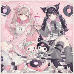  2025 4girls :o akakura apron armband artist_name bandaid bandaid_on_leg barbell_piercing belt black_belt black_hair black_nails black_shoes blunt_bangs bow brown_hair character_hair_ornament character_name checkered_floor chibikemo closed_mouth commentary_request detached_sleeves ear_piercing earrings fake_halo fake_wings frilled_apron frilled_skirt frills furry furry_and_humanization furry_female grey_jacket grey_leg_warmers hair_ornament hair_ribbon hairclip halo heart heart_earrings highres holding holding_tray humanization industrial_piercing jacket jersey_maid jewelry kuromi leg_warmers long_hair looking_at_viewer low_twintails maid maid_apron maid_headdress multicolored_hair multiple_girls my_melody nail_polish official_art onegai_my_melody parted_lips piercing pink_bow pink_eyes pink_jacket pink_nails pink_shoes pink_skirt pink_sleeves purple_hair purple_streaks ribbon roller_skates sanrio shoes sitting skates skirt smile streaked_hair stud_earrings tile_floor tiles track_jacket tray turtleneck twintails two-tone_hair unconventional_maid vinyl_record violet_eyes white_apron white_leg_warmers wings zipper zipper_pull_tab 