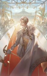  1boy artist_request ascot backlighting black_gloves blazer blue_sky cane cape closed_mouth clouds collared_cape collared_shirt day dress_pants earrings elf expressionless floating_cape formal_clothes full_body fur-trimmed_cape fur_trim game_cg gloves gold_earrings grey_cape grey_eyes grey_hair grey_jacket grey_pants grey_suit hair_between_eyes half_gloves highres holding holding_cane jacket jewelry light_particles lips long_sleeves looking_at_viewer looking_back male_focus mansion mercury_(shining_nikki) nikki_(series) official_art outdoors palm_tree pants paparazzi petals pointy_ears red_carpet shining_nikki shirt short_hair sky sleeve_cuffs solo_focus stage_lights suit tree white_ascot white_shirt 