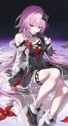  1girl arm_support asymmetrical_dress black_boots black_dress black_flower black_gloves boots dress evernight_(honkai:_star_rail) flower flower_ornament gloves hair_between_eyes hair_ornament half-jacket hand_up highres honkai:_star_rail honkai_(series) long_hair long_sleeves looking_at_viewer march_7th_(honkai:_star_rail) nea_(nea_77) official_alternate_costume official_alternate_eye_color official_alternate_hair_length official_alternate_hairstyle pink_hair red_eyes single_bare_shoulder sitting smile solo thigh_strap very_long_hair 