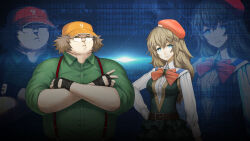  1boy 1girl amane_yuki baseball_cap belt belt_buckle beret black_belt blue_eyes blue_stripes bow brown_hair buckle chest_bow collared_shirt cosplay costume crossed_arms dress_vest fat fat_man fingerless_gloves frilled_skirt frills frown furrowed_brow game_cg gloves green_shirt hand_on_own_hip hashida_itaru hat highres huke long_sleeves miniskirt official_art official_wallpaper red_bow red_hat reflection ringed_eyes science_adventure shirt short_sleeves skirt smile steins;gate steins;gate_0 yellow_hat 